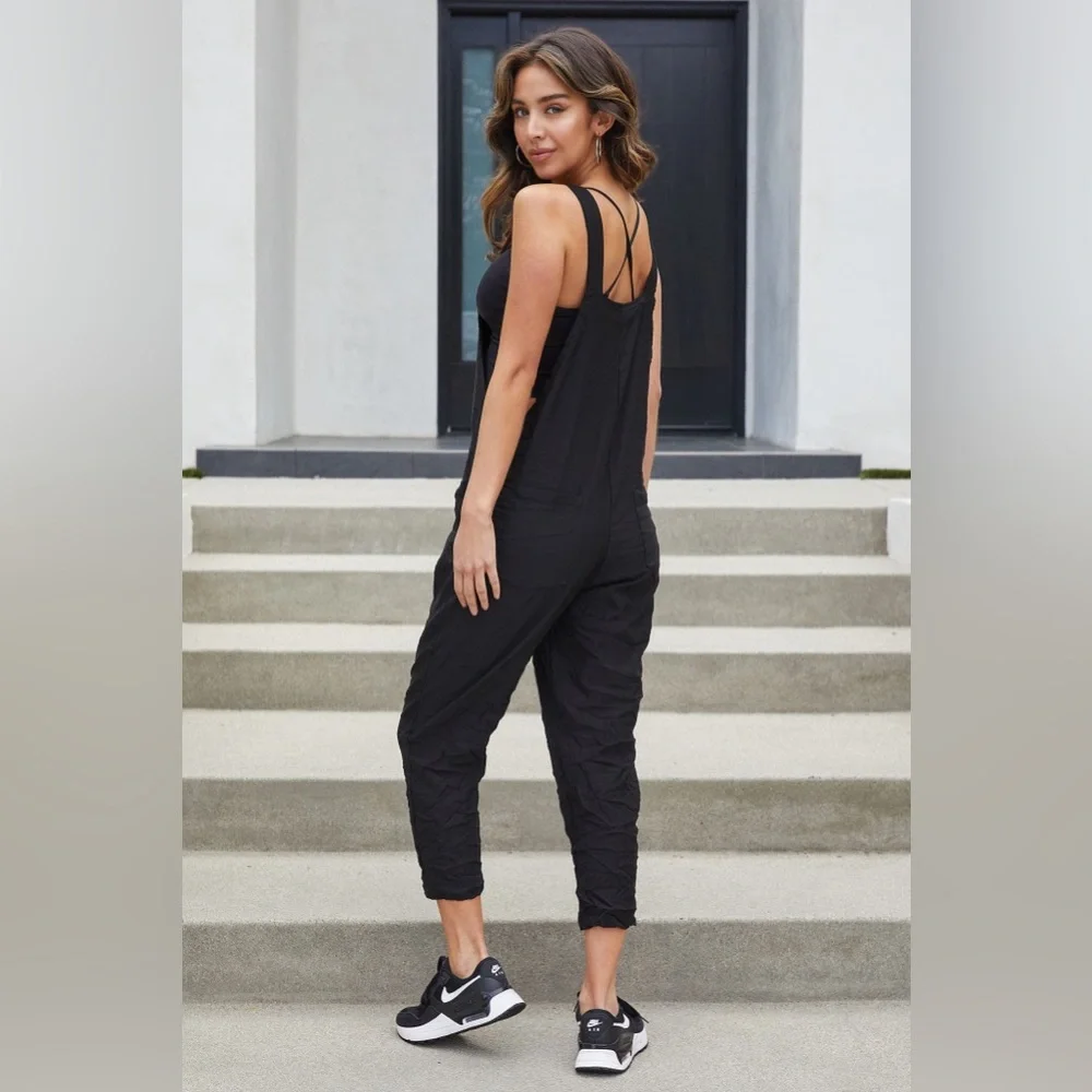 (G1127-SOL-BLK) SOLID COMFY CRINKLE OVERALL - Picture 3 of 7